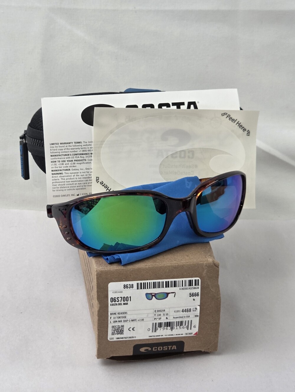 Costa Sunglasses Brine 06S7001 +2.00 Bifocals Readers Shiny Tortoise 580P